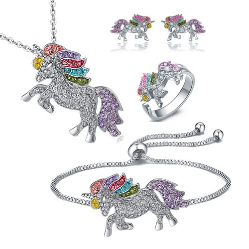 Luxury Crystal Unicorn Jewelry Set Cute Rainbow Horse Silver